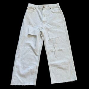 DOEN USA White Ripped High Rise Wide Leg Jeans Raw Hem Organic Cotton Sz 30